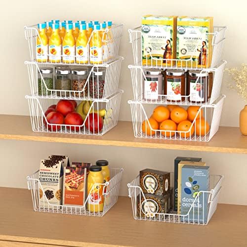 Slideep 14'' Large Metal Wire Storage Organizer Bin Basket Farmhouse Decor Stackable Storage Organizer for Pantry Home Bathroom Kitchen Organization White - 6 Pack - Image 5
