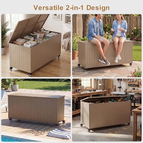 250 Gallon Metal Large Outdoor Deck Box with 4 Wheels, Brown - Image 6