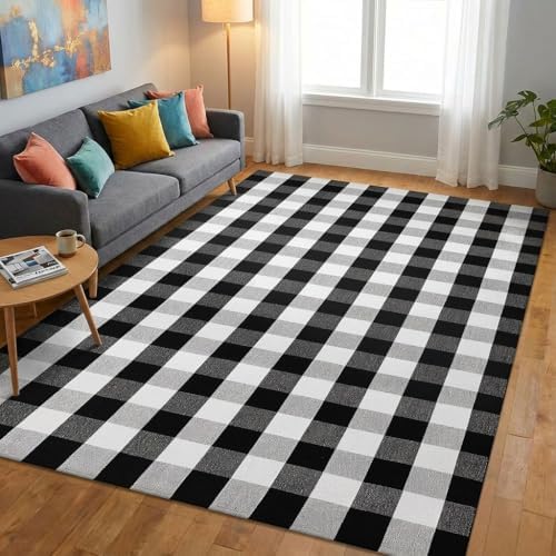 MUBIN Cotton Buffalo Plaid Rug, 5' x 8' Black and White Area Rug, Outdoor Decorative Layered Mat, Washable Foldable Rug for Outdoor Patio Entryway Indoor Living Room Dining Room Home Office by MUBIN