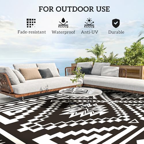 Outsunny Outdoor Rug for Patio Waterproof 9' x 18' Black & Gray Square - Image 6