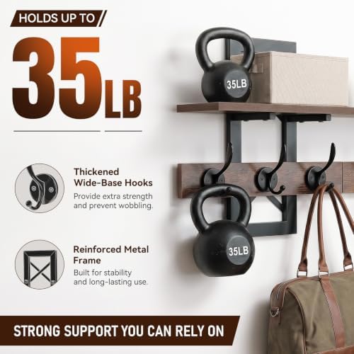33.86" Wall Mounted Coat Rack with Shelf, Heavy Duty Entryway Wall Organizer with 6 Dual Hooks and Key Holder, Rustic Wood Coat Hanger for Coats, Bags, Hats, Hallway, Mudroom, Bathroom (Brown) - Image 5