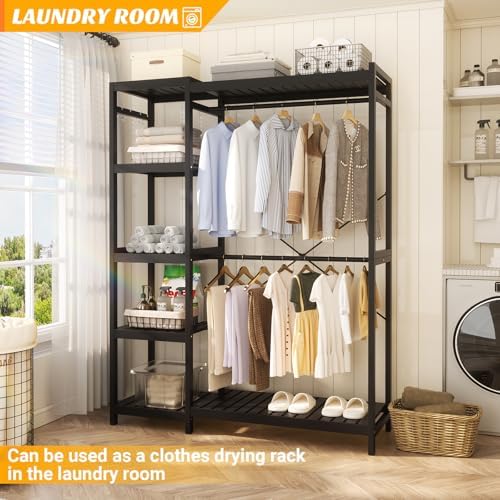Homykic Bamboo Clothing Rack with 7 Adjustable Shelves, 2 Hang Rods, Black - Image 7