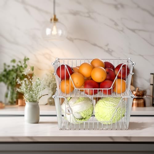 Slideep 14" Large Stackable Storage Baskets, Cabinet Organizer Sturdy Metal Wire Pantry Freezer Bin for Pantry Home Bathroom Kitchen Organization - Set of 8 - Image 6