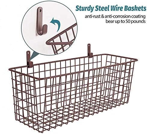 3 Set [Extra Large] Hanging Wall Basket for Storage, Wall Mount Sturdy Steel Wire Baskets, Metal Hang Cabinet Bin Wall Shelves, Rustic Farmhouse Decor, Kitchen Bathroom Organizer, Brown - Image 4