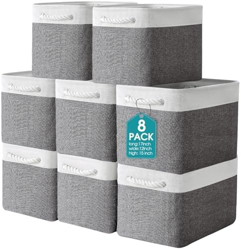meekoo 8 Pack Fabric Storage Bins Baskets, 17 x 12 x 15 in, Gray White by meekoo