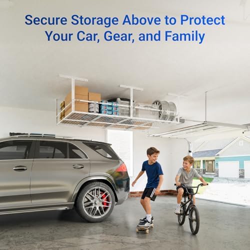 FLEXIMOUNTS 4x8ft Overhead Garage Storage Rack with Safety Rails, White - Image 4