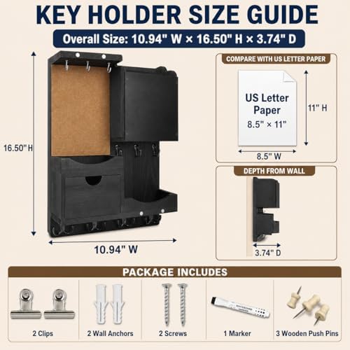 Key Holder Wall Mount with Drawer and Mail Organizer, Black - Image 2