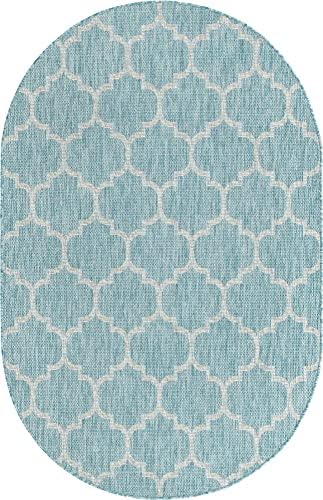 Unique Loom Outdoor Trellis Collection Area Rug (5' 1" x 8' Oval, Aquamarine/ Gray) - Image 3
