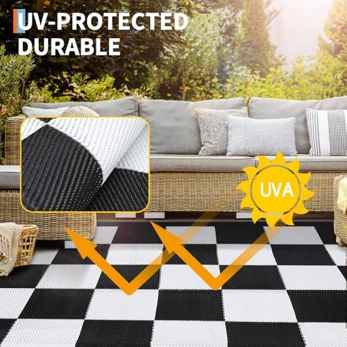 GarveeHome Outdoor Rug 8 x 10 Waterproof Checkboard Woven Carpet, Large Reversible Plastic Straw Rug, Foldable Modern Geometric Plaid Outside Camping Rug for Picnic, Backyard, Deck, Black White - Image 5