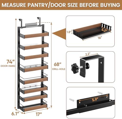 POKIPO 8 Tier Over The Door Pantry Organizer, 2 IN 1 Wall Mount or Hanging Spice Rack Seasoning Shelves with Adjustable Basket, Back of Door Organizer and Storage for Kitchen Cabinet and Room Closet - Image 2