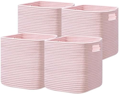 UBBCARE Storage Cubes 11 Inch, Cotton Rope Woven Baskets for Organizing, Cube Storage Bin for Baby Nursery, 4-Pack Square Toy Storage Baskets for Shleves Organizer, Closet, Kidsroom, Pink by UBBCARE