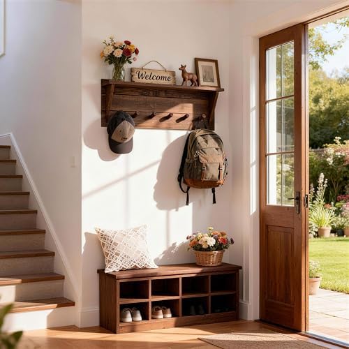 WEBI Coat Rack Wall Mount with Shelf,24" Long Entryway Wall Shelf with Hooks Underneath,6 Peg Hooks for Hanging Coats,Caps,Jacket,Clothes,Brown - Image 2