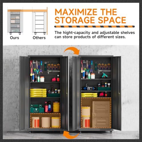 71''H Garage Storage Cabinet with Wheels, Meatl Storage Cabinet with Lock - Image 4
