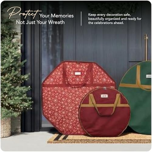 Covermates Deluxe Wreath Storage Bag, 36" Diameter x 8" H, Red Snowflake - Image 2