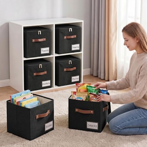 ANMINY 11 Inch Fabric Storage Cubes Bins with Zipper Lid, Black, 4PCS - Image 2