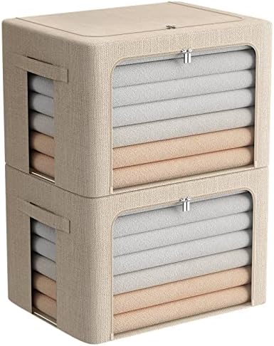 FHSQX Extra Large Clothes Storage Bins Foldable Metal Frame Storage Box Stackable Linen Fabric Box Organizer Set with Carrying Handles and Clear Window (Beige, 23.6x 16.5x 15.7 Inch) by FHSQX