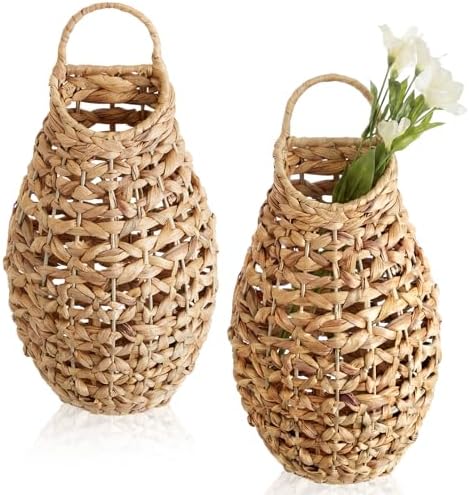 Chunful 2 Pcs Water Hyacinth Hanging Wicker Basket, Natural Wicker Decorative Baskets, Handmade Woven Storage Organizer for House Garden Wedding Wall Decorations, Large Size by Chunful