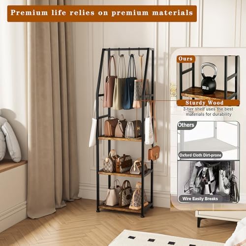 Tall Narrow Purse Organizer for Closet, 3-Tier Floor Standing Handbag Storage Rack with 8 Adjustable Hooks, Space-Saving Purse Display Stand for Small Space Bedroom Entryway (Rustic Brown) - Image 4