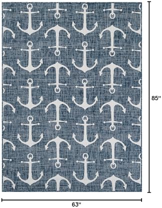 Unique Loom Outdoor Coastal Collection Area Rug - Ahoy (5' 3" x 7' 1" Rectangle Blue/Ivory) - Image 2