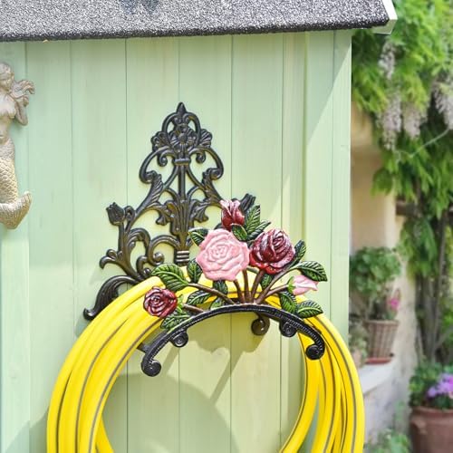 Sungmor Cast Iron Wall Mounted Garden Hose Holder - Hand-Painted Peony Rack - Image 2