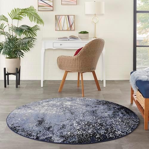 Nourison Home Passion Light Blue Black 5'3" x Round Area Rug - Easy Clean, Non Shedding, Bed Room, Living Room, Dining Room, Kitchen (5' x Round) - Image 2