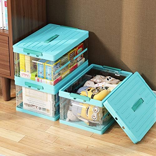 Apsan Collapsible Storage Bins with Lids, Stackable Clear Latch Storage Box with Handle, Folding Plastic Containers, 22Qt, Blue - Image 2