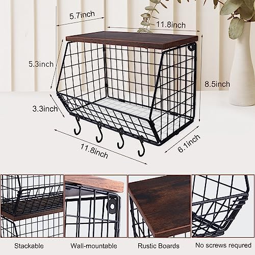 Mefirt Fruit Bowl, Stackable Wall Mounted Fruit Basket of Smooth Wood Lid with 4 Banana Hanger Hooks, Metal Kitchen Counter Organizer for Snack, Fruit and Vegetable Storage, 11.8 * 7.9 * 8.5 Inches - Image 3
