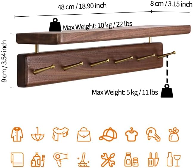 Solid Wood Shelf with Hooks, 19 inch Coat Rack Wall Mount, Shelves with 6 Brass Hooks for Hanging in Entryway, Living Room, Bathroom, Bedroom, Kitchen(Walnut) - Image 6