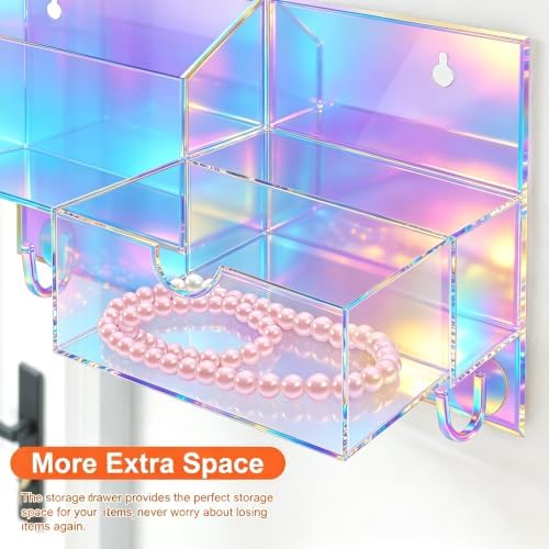 Acrylic Key Holder Wall Mount Mail Organizer for Wall with Shelf Storage Drawer and 5 Hooks, Iridescent - Image 5