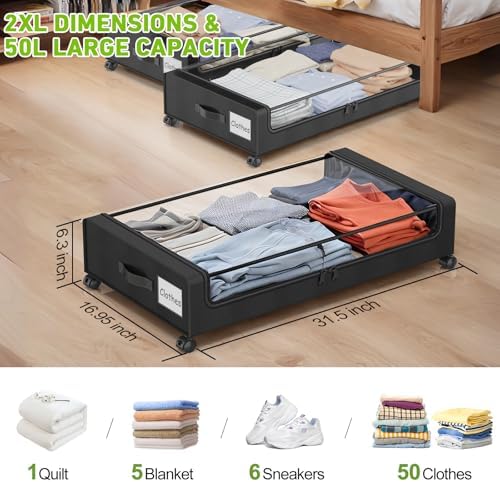 Molutsody Under Bed Storage with Wheels, 4-Pack Underbed Storage Containers with Clear Lids, Under Bed Shoe Storage Organizer, Rolling Under Bed Storage for Clothes Shoes Blankets (Black) - Image 2