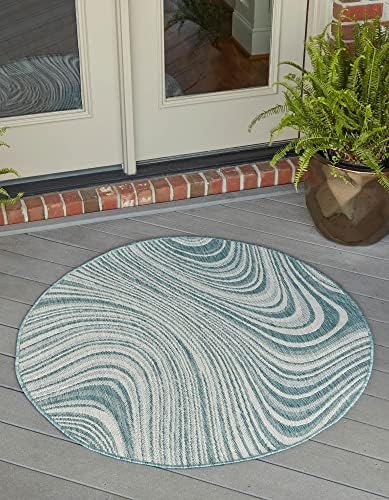 Unique Loom Outdoor Modern Collection Area Rug - Pool (4' 1" Round, Light Aqua/ Blue) - Image 2