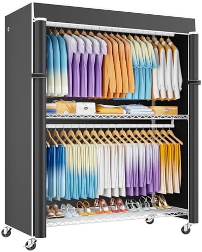 ULIFHOME P8C Max Heavy Duty Clothes Rack（With Extended Width Design） Rolling Clothing Racks for Hanging Clothes with Lockable Wheels，51.2"W x 15.8"D x 80.5"H，Load 800LBS，White Rack with Black Cover by UlifHome
