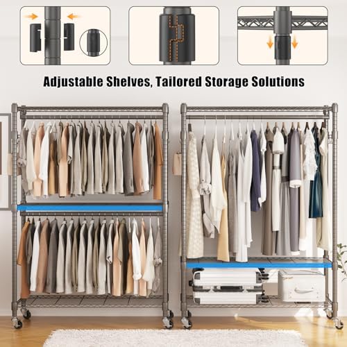 BATHWA Clothes Racks for Hanging Clothes, 35.5" W x 16.5" D x 80.7" H, Rolling Tall Heavy Duty Wardrobe Rack with Shelves & Wheels Metal Freestanding Multifuctional for Bedroom Laundry balcony, Grey - Image 5