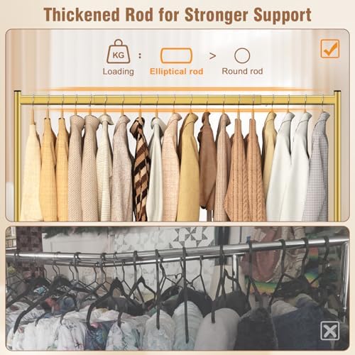 EAGMAK Heavy Duty Clothes Rack Load 420 LBS, Rolling Garment Rack with Lockable Wheels, Standing Metal Clothing Rack, Portable Wardrobe Sturdy Coat Rack for Hanging Clothes (Gold, 59″×18.9″×63″) - Image 3