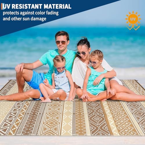 Outdoor Rug 9x12 Reversible Patio Rug Boho Outdoor Plastic Straw Rugs Bohemian Waterproof Outside Carpet for Deck RV Camping Rugs for Patio Backyard Picnic Porch Beach Balcony, Brown Tan - Image 4
