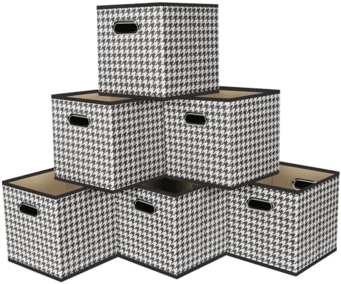 Fabric Cubby Storage Bins,13x13x13 Inches,Cube Organizer Bin Foldable Storage Boxes with Dual Handles Fabric Organizer Box and collapsible Storage basket,Set of 6,Houndstooth by Yunkeeper
