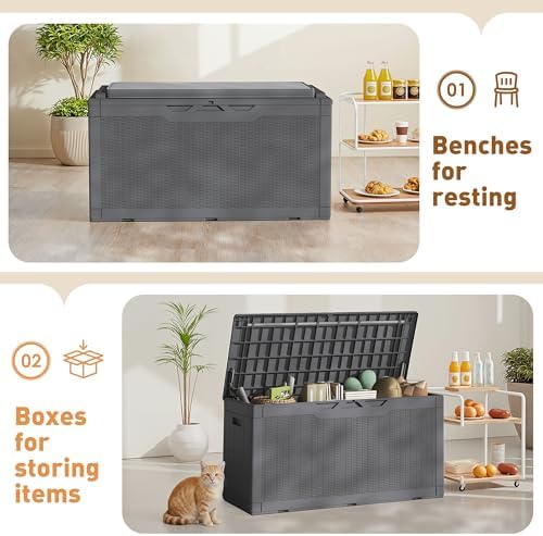 Greesum 100 Gallon Resin Deck Box Large Outdoor Storage Boxes with Cushions for Garden Tools, Patio Furniture Pillows, Pool Supplies, Gray - Image 2