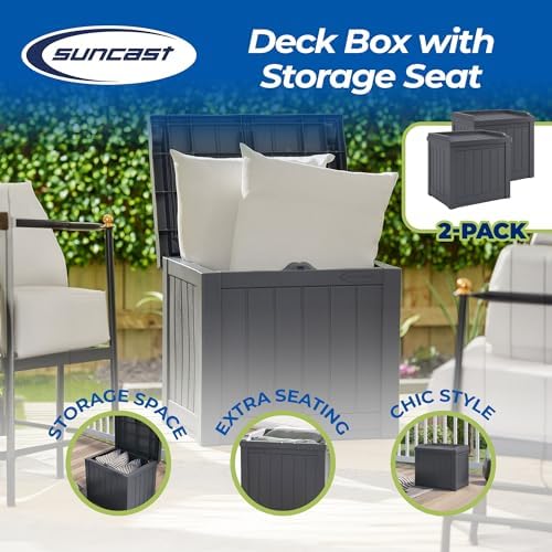 Suncast 2 Pack 22 Gallon Indoor or Outdoor Backyard Patio Small Storage Deck Box with Attractive Bench Seat and Reinforced Lid, Stone Gray - Image 2