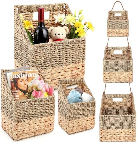 Cinnvoice Set of 3 Wicker Wall Magazine Basket, Magazine Holder Water Hyacinth Storage Baskets for Mail, Files, Books & Accessories Wall-mounted Organizer for Door Home, Office Organization by QinYee