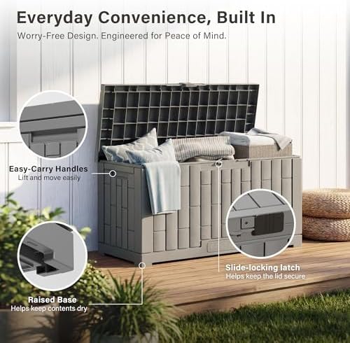 EAST OAK Outdoor Storage Box, 60 Gallon Deck Box Indoor and Outdoor Use, Waterproof Resin Storage Bin for Patio Cushions, Gardening Tools, Lockable, UV Resistant, Grey - Image 6
