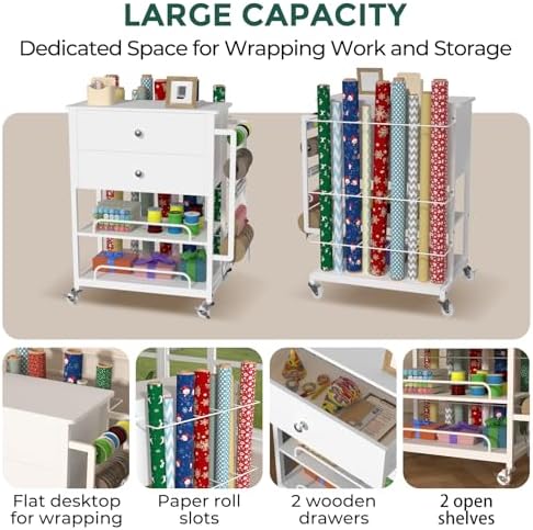Wrapping Paper Storage & Organizer, Craft Cart with Ribbon & Gift Bag Storage, Wrapping Paper Organizer Holder(2 Wooden Drawers-White) - Image 5