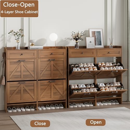 Shoe Cabinet with 4 Flip Drawers & 2 Top Drawers, 43" Tall Freestanding Narrow Wooden Shoe Storage Organizer for Entryway, Hidden Slim Shoe Rack for Front Door Entrance, Hallway, Living Room, Walnut - Image 4