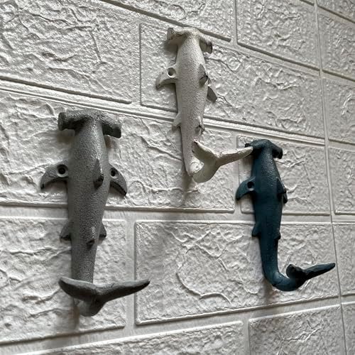 Set of 3 Hammerhead Shark Wall Hooks, 5 Inch Blue Gray White Cast Iron - Image 4