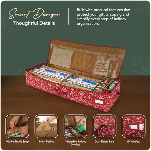 Covermates Gift Wrap Storage Organizer, 38"W x 13"D x 6.5"H, Red Snowflake - Image 4