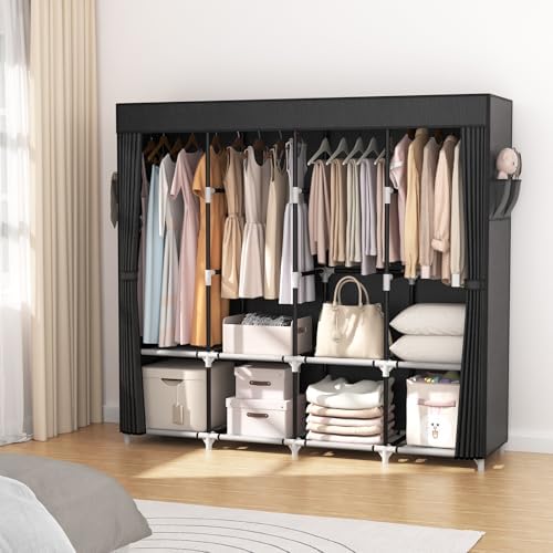 VTRIN Portable Closet for Hanging Clothes 67 Inch Wide Large Capacity Portable Wardrobe Closet with Cover, 4 Storage Shelves and 4 Hanging Rod Sturdy Free Standing Closet for Bedroom, Black - Image 2