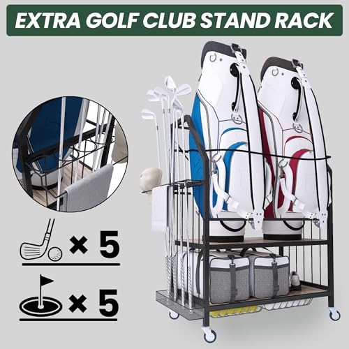 FLYJOE Golf Bag Organizer Storage Golf Bag Rack for Two Golf Bags with Clubs Holder and Golf Equipment Accessories Movable Lockable Wheels for Garage - Image 2
