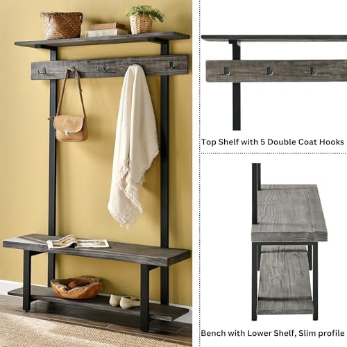 Pomona Solid Wood Entryway Hall Tree with Shoe Bench, Slate Grey, 48 Inch - Image 4
