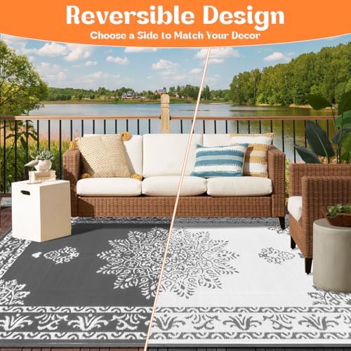 Yamaziot 8x10Ft Outdoor Rug Waterproof Plastic Straw Patio Rug, Dark Gray - Image 2