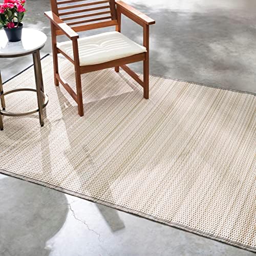Fab Habitat Outdoor Rug - Waterproof, Fade Resistant, Crease-Free - Premium Recycled Plastic - Neutral Striped - Patio, Porch, Deck, Balcony - Cancun Shadow - Sand & Black - 5 x 8 ft by FabHabitat