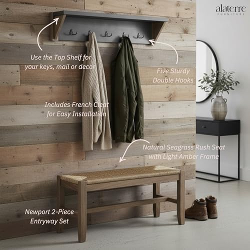 Alaterre Furniture Newport 40" Coat Hook with Shelf and Rush Bench Set - Image 4